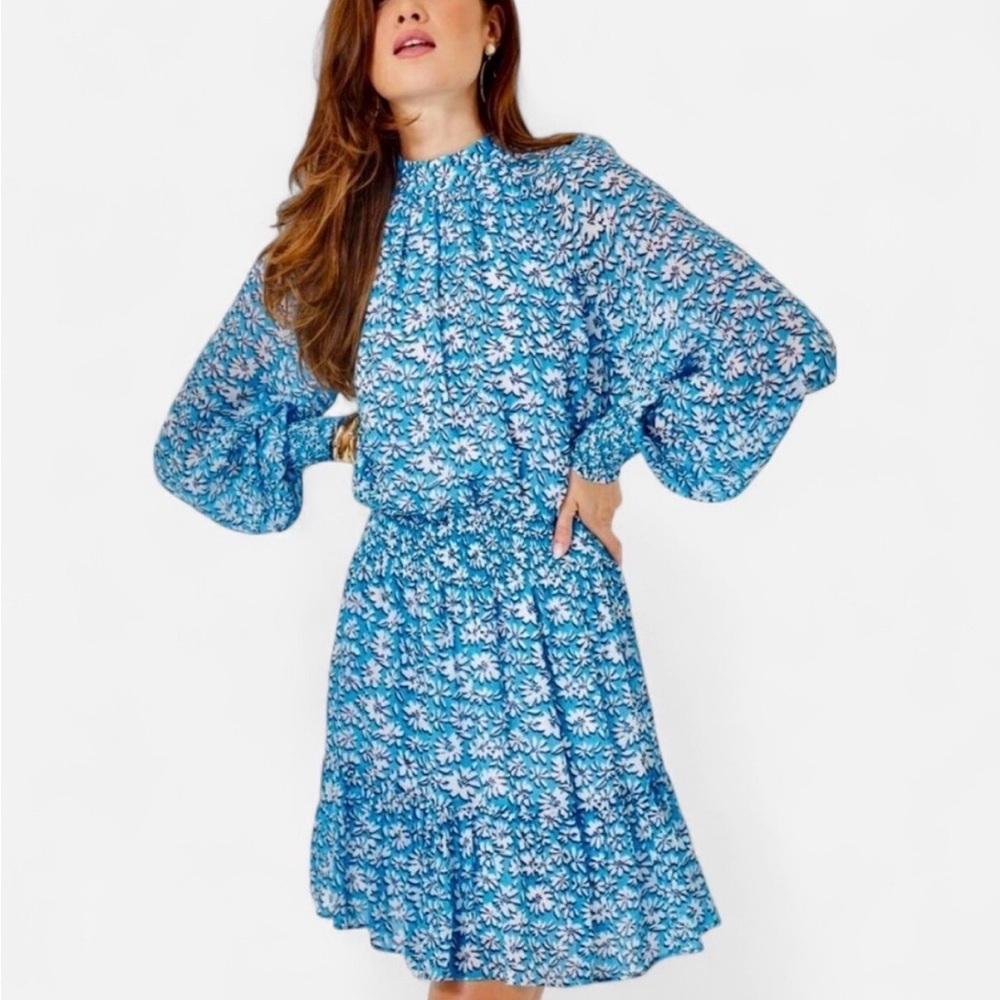 Lilly Pulitzer Ellielynn Long Sleeve Dress in “Lunar Blue Palm Beach Petals”. 